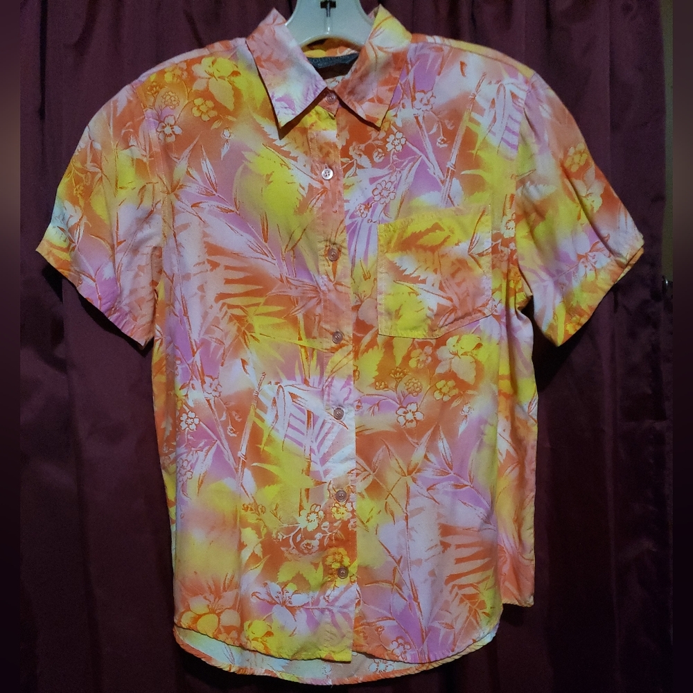 SOLUTIONS NEW YORK Top, Front Pocket, Short sleeves, Orange/Yellow Hawaiian M